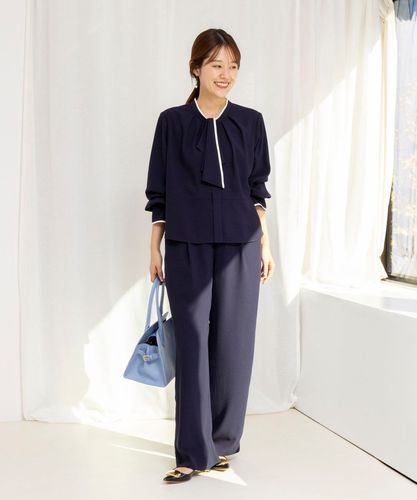 NOLLEY'S セットアップ ノーカラー パンツ ネイビー 38サイズ セットアップ対応》ウォッシャブルストレッチジョーゼットイージー