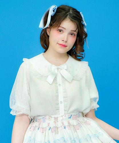 axes femme kawaiiドットチュール半袖ブラウス(サックス） ドットチュール半袖ブラウス | kawaii | axes femme online shop