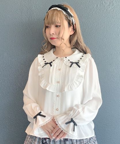 axes femme kawaii梯子レース半袖ブラウス（白×サックス） axes femme kawaii梯子レース半袖ブラウス（白×サックス） axes