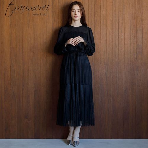 WEB限定｜ドットチュールプリーツドレス 13号・ネイビー｜東京