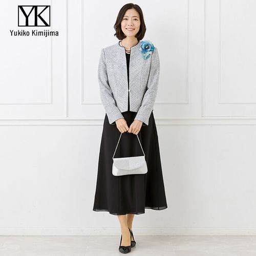 Yukiko Kimijima シルバー ノーカラージャケット 15号サイズ ユキコキミジマ ノーカラーフォーマルジャケット 米沢織 東京