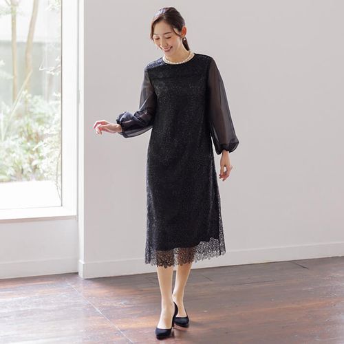 チュール刺繍の大人ワンピース 9号・ブラックBK｜東京ソワール
