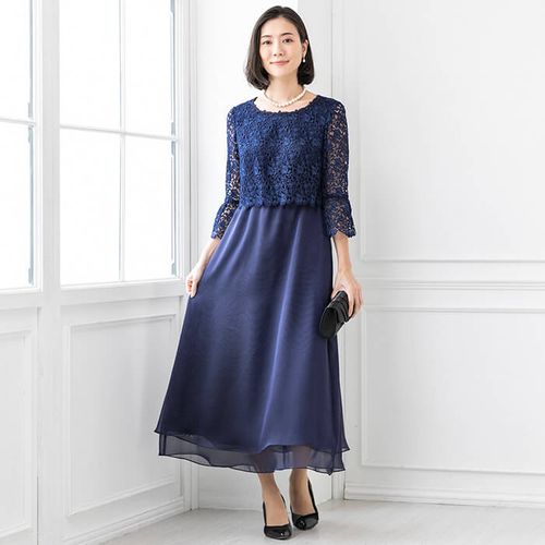 レース×オーガンのフレアーワンピース 9号・グレー｜東京ソワール