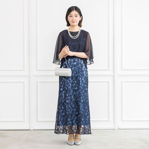 シフォンケープ付きラッセルレースのロングドレス 15号・ブラック