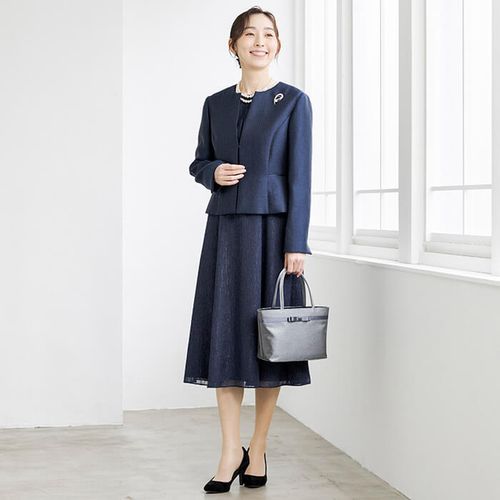 美品Rifanne 東京ソワール グレー ネイビー ワンピーススーツ13、15号 セレモニースーツ(7803130)13号・ネイビー|東京ソワール