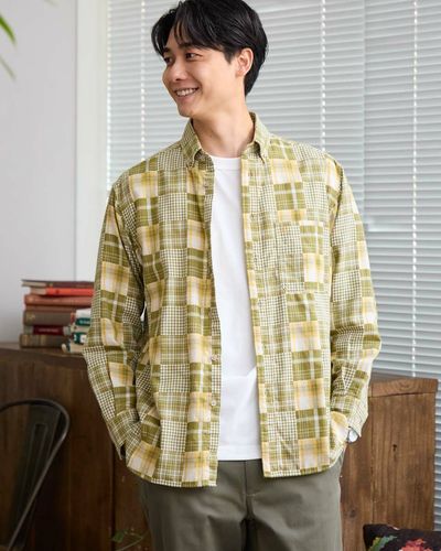 パッチワークデザイン 長袖シャツ デニムシャツ メンズ シャツ デニム 長袖 パッチワークデザイン長袖