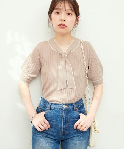 パール付きボウタイバイカラーニット | natural couture