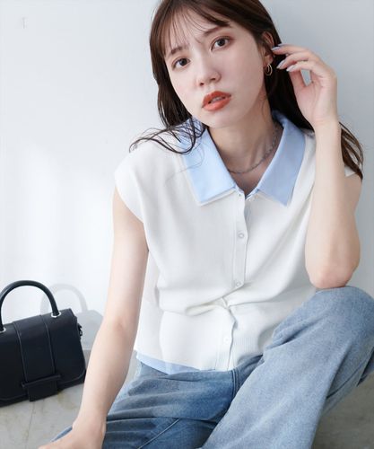 カーディガン フェイクレイヤード衿付きノースリカーディガン レディース フェイクレイヤード衿付きノースリカーディガン | natural