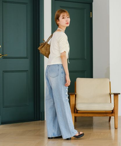 低身長サイズ/2サイズ展開/ウエスト調節可】レースデニムパンツ