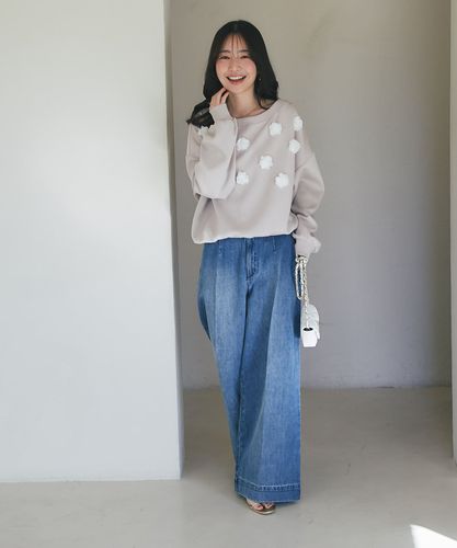 美脚見え】バックレースアップデニムワイドパンツ | La boutique