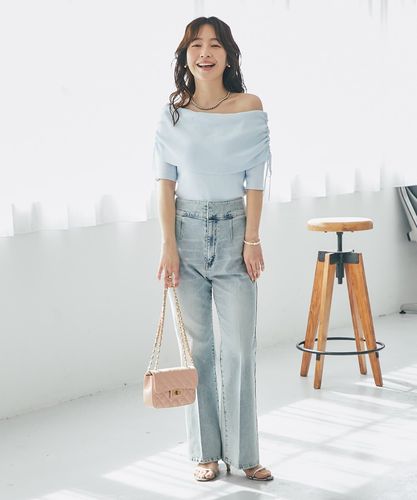 ラブティックボンボン　接触冷感最強モテニットクールタッチUVオフショルリブニット 接触冷感・最強モテニット】クールタッチUVオフショルリブニット | La