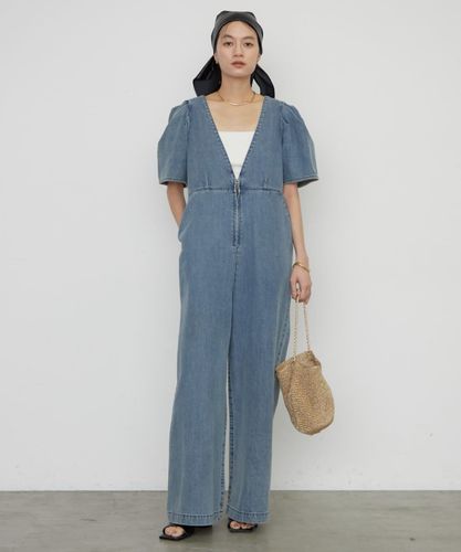深めVネック×1枚で着映え》デニムパフオールインワン | LOUNGEDRESS