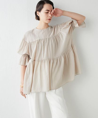 ブラウス シャツ シフォンギャザーブラウス レディース aquagarage シャツ ブラウス Vネック シフォン ギャザー 長袖