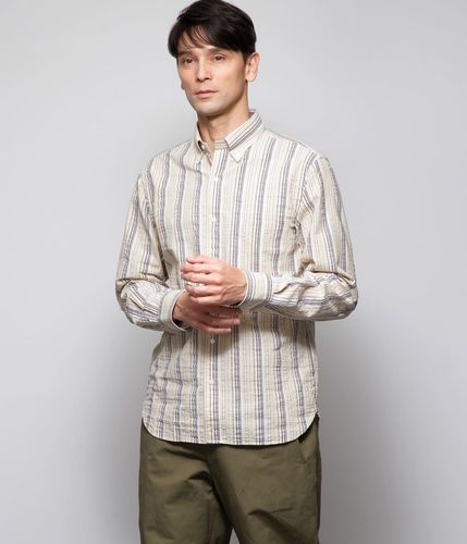 ピケ オルタネイトストライプ 長袖ショートボタンダウンシャツ