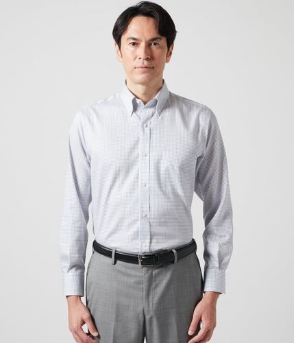 メンズ Tシャツ ボタンダウン ノーカラー カットソー a1284 NY CARE FREE ドビーグラフチェック 長袖ボタンダウンシャツ