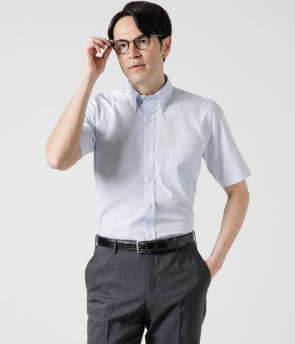 リネン混 サッカー モノトーンチェック 半袖ショートボタンダウン