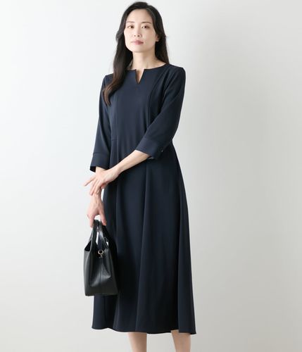 L】ポリエステルソフトクロス 7分袖ボウタイ風ワンピース(54443155