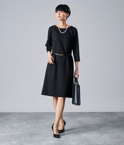 ウールギャバ 7分袖Aラインワンピース(26429000-2023