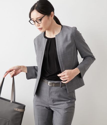 ウールシルクシャークスキン 1釦ノーカラージャケット(71113805-2024