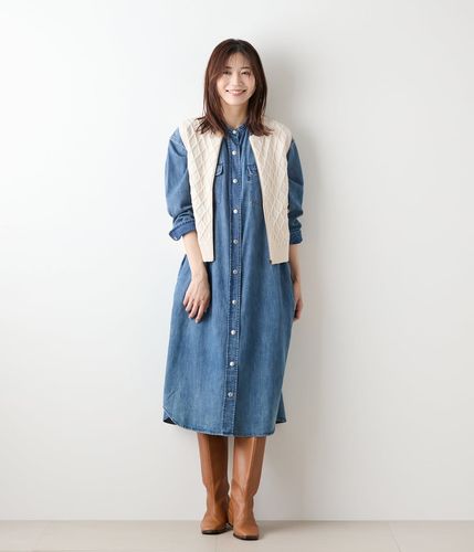 新品 レオナール デニムワンピース M ロングシャツ ストレッチあり ロゴボタン EDWIN 6.5オンス デニムシャツワンピース(51416217-2025