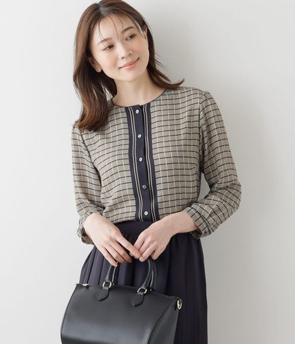 L】リネン混マドラスチェック ドルマンスリーブブラウス(54655263-2025