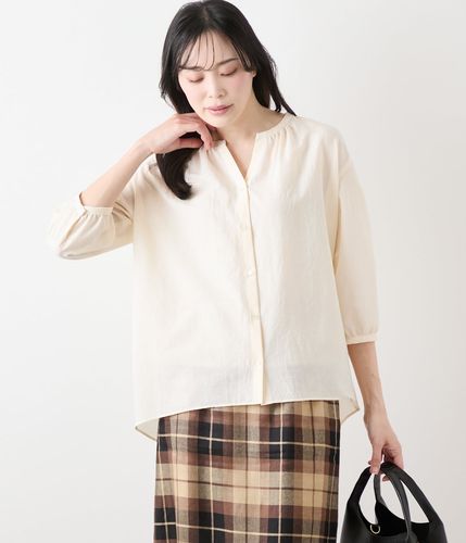 スパインフラワープリント フロントオープン7分袖ブラウス(51642212