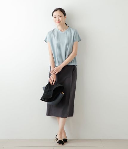 【50】美品23区 シルクコットンローンパフスリーブブラウス　レース　ピンタック コットンシルクサテン ピンタックパフブラウス
