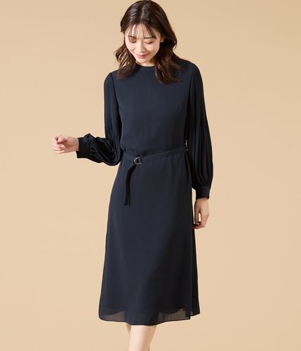 L】ポリエステルソフトクロス 7分袖ボウタイ風ワンピース(54443155