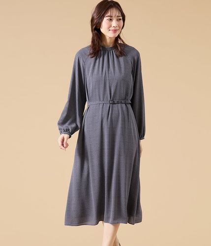 L】ポリエステルソフトクロス 7分袖ボウタイ風ワンピース(54443155