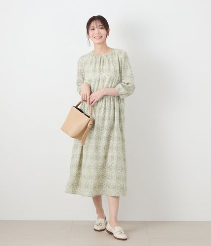 L】ミモザプリント ドロスト7分袖ワンピース(54445221-2025