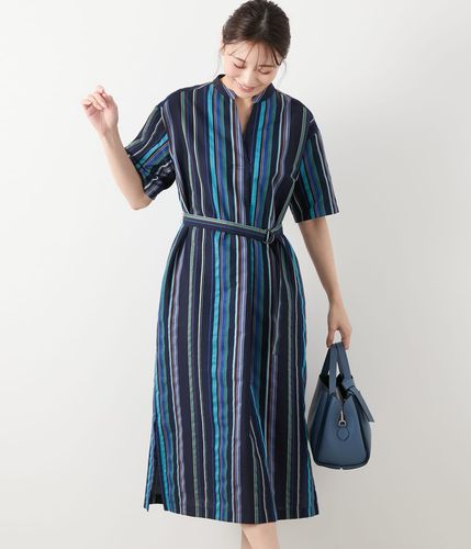 ランダムストライプ 前開き半袖ワンピース(71455006-2025