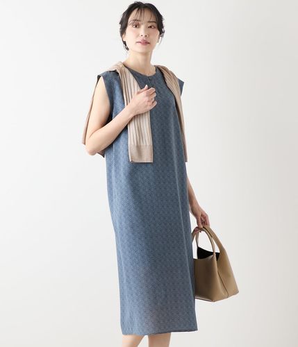 L】インディゴライクプリント キーネックノースリーブワンピース