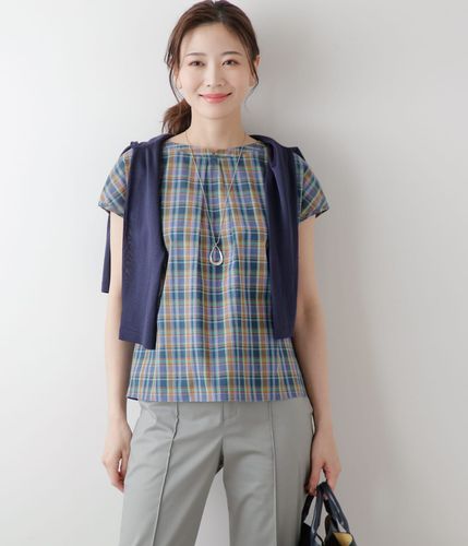 新品 バンドカラーブラウス マドラスチェック ハシゴレース 綿 ブルー フリー L】コットンリネン ブルーマドラスチェック フロントタックブ