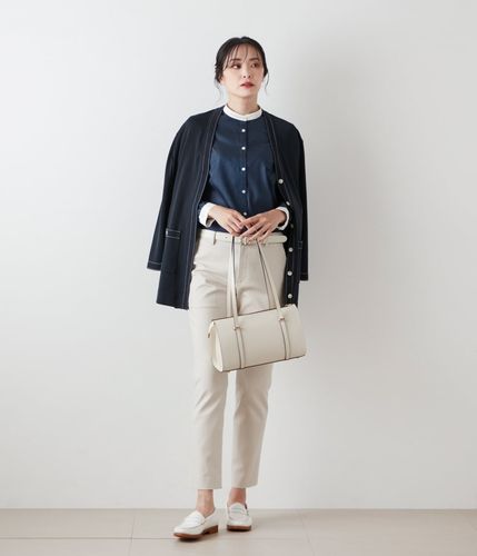 L】コットンポリエステル 配色ステッチVネックロングカーディガン