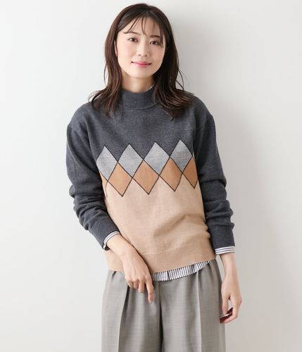 エクストラファインメリノウール モダンアーガイルハイネックプル