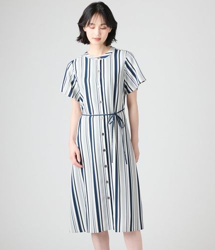 ポリエステルストライプ 前開きワンピース(71452001-2024