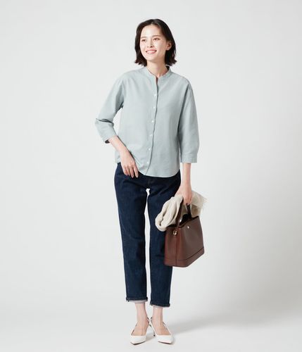 ギンガムサッカースキッパーカラー7分袖シャツ(71643801-2024