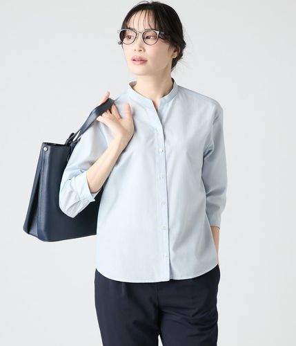 L】リネンブレンドストライプ 7分袖スタンドカラーシャツ(79645437