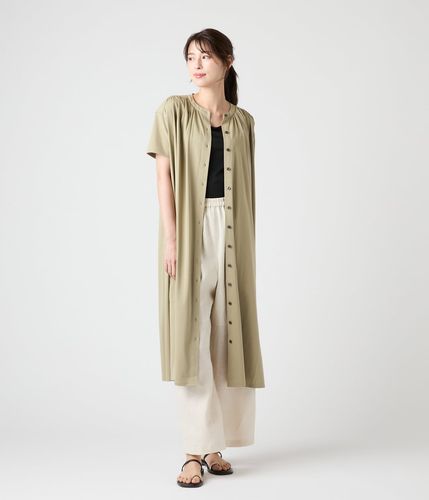 接触冷感】【L】コットンポリエステル天竺 前開きギャザー半袖