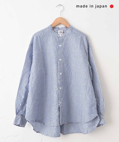 美品】SETTENI製品先染めストライプVネックギャザーブラウス日本製