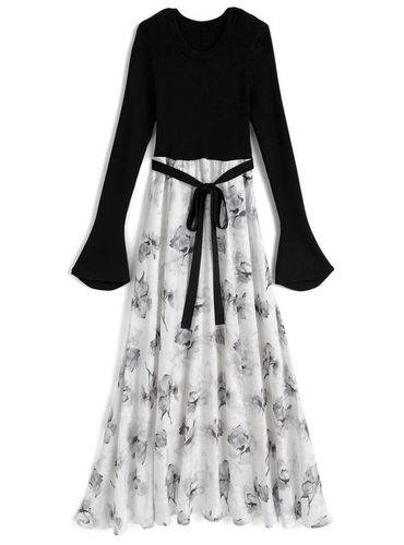 リボンベルト付き花柄ノースリーブフレアワンピース[tu812