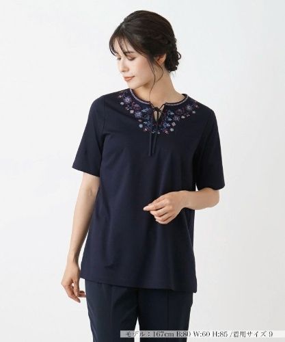 【中古】レリアン Leilian 半袖ニットカットソー プルオーバー 9 紺 ネイビー 花柄 ペイズリー柄 /GV レディース カットソー【Leilian WHITE LABEL】|レリアン | レリアン公式