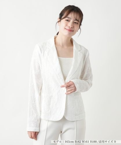 美品✨【レリアン】リネン混ノーカラージャケット 現行タグ 白 ホワイト 13+ ノーカラージャケット【Leilian WHITE LABEL】|レリアン | レリアン