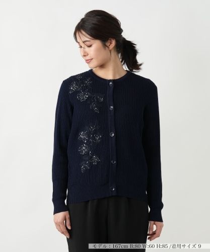 美品 レリアン 13＋ 金ボタン ノーカラー ニットカーディガン◆ブラック Leilian（レリアン） #wnc カーディガン 13+ ニット 金ボタン 刺繍