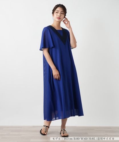 近年 レリアン タック ロングワンピース 半袖 フレア 紺 9 M ギャザー タックデザインフレアワンピース【THREE DOTS】|ネミカ | レリアン公式