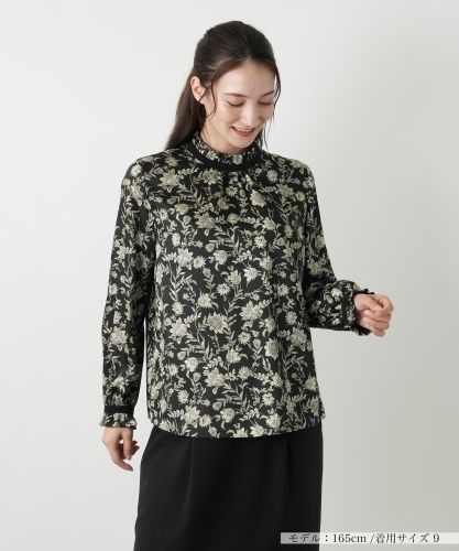 洗える千鳥格子柄刺繍プルオーバーブラウス【パワーネット素材
