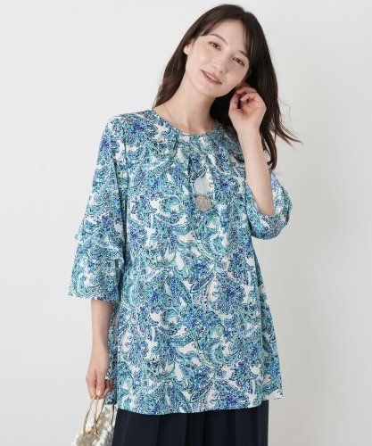 レリアン 大きいサイズ 13＋ ペイズリー柄 シアー 長袖 シャツ ブルー 美品 レリアン 大きいサイズ 13+ コットンシャツ ペイズリー柄 ブルー