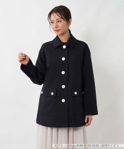 超美品melange ダブルブレストコート 黒ベージュミックスM フェイクファー切替ダブルブレストコート|ブールジュ | レリアン公式