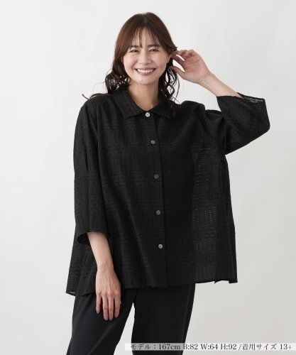 洗える千鳥格子柄刺繍プルオーバーブラウス【パワーネット素材