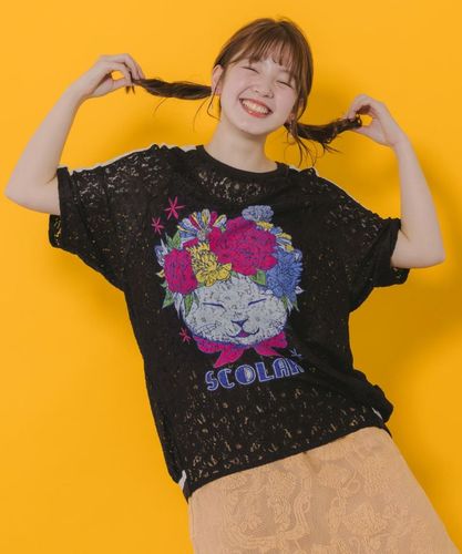 tシャツ 152705：ネコと女の子の自撮り柄 レース切替Tシャツ レディース 152705：ネコと女の子の自撮り柄 レース切替Tシャツの通販-ScoLar